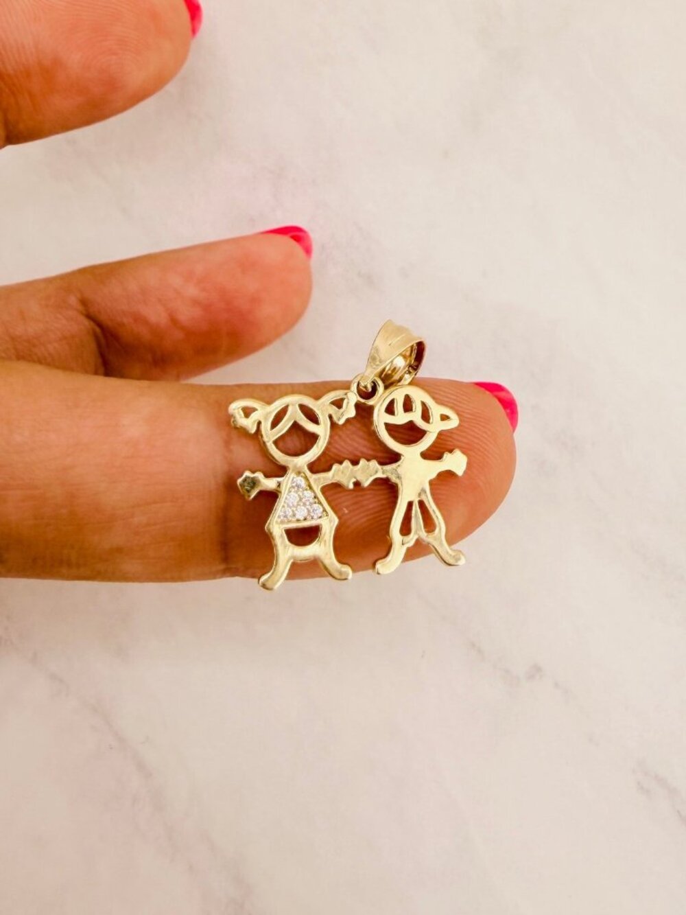 Real 10K Gold Pendant – 2 kids Holding Hands brother boy and sister girl